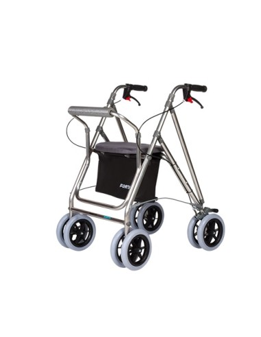 Andador plegable y regulable de 4 ruedas con asiento, respaldo y cesta Kanguro Plus | Frenos en maneta