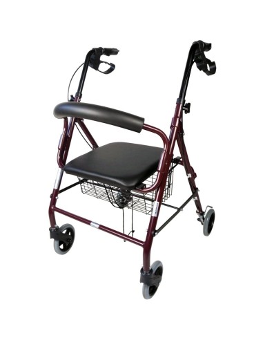 Andador plegable | Rollator de 4 ruedas con frenos en manetas, asiento y respaldo | Escorial | Granate
