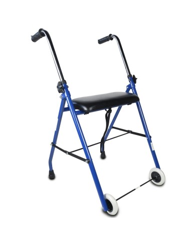Andador azul con ruedas delanteras y asiento, plegable y regulable en altura | Emérita