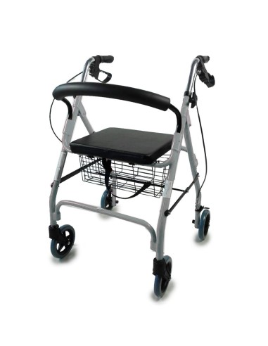 Andador de 4 ruedas plegable y regulable en altura con cesta, asiento y respaldo acolchado | Alhambra | Gris