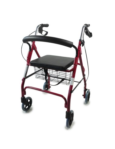 Andador de 4 ruedas plegable y regulable en altura con cesta, asiento y respaldo acolchado | Alhambra | Frambuesa