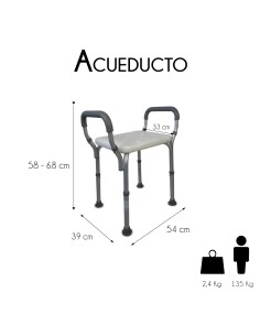 Silla asiento para baño con reposabrazos y regulable en altura, de aluminio y PVC | Acueducto 2