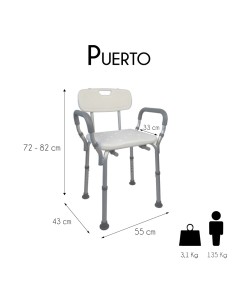 Silla de ducha y baño, altura regulable, respaldo y reposabrazos | Puerto 2