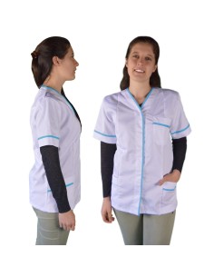 Bata chaqueta profesional de mujer con manga corta y ribetes azules