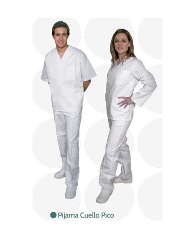 Pijama sanitario unisex de color blanco con cuello de pico (para mujer y hombre)