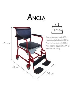 Silla WC con ruedas y tapa | Reposabrazos abatibles | Reposapiés extraíbles | Burdeos |"Modelo Ancla" 2