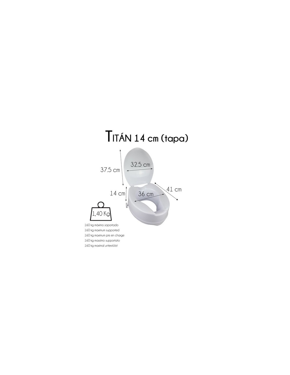 Elevador WC, Con tapa, 14 cm, Blanco, Ajustable, Titán