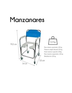Silla de WC/inodoro con ruedas de aluminio y reposabrazos acolchados | Modelo Manzanares 2
