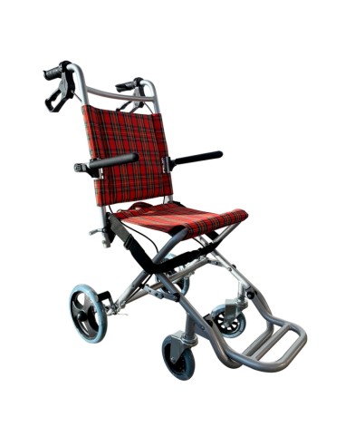 Silla de ruedas de aluminio para tránsito, plegable, con bolsa para transporte y frenos | Modelo Neptuno | Color Roja de cuadros