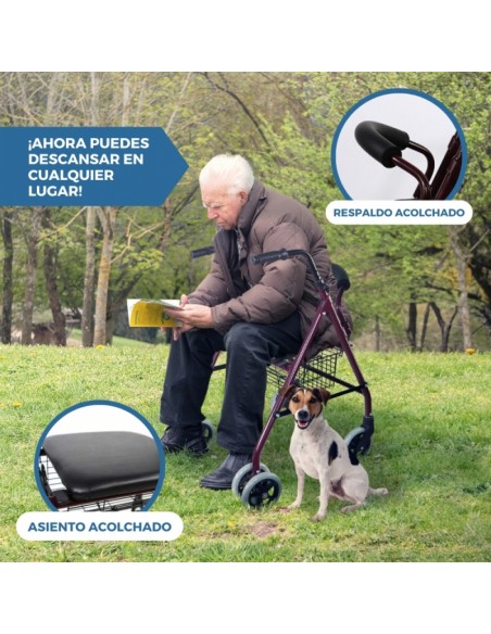 Andador de aluminio plegable y regulable con asiento, respaldo y cesta | Prado GRANATE | Diferentes colores