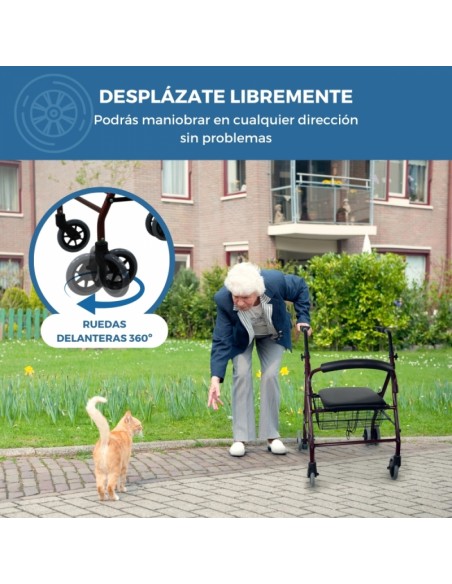 Andador de aluminio plegable y regulable con asiento, respaldo y cesta | Prado GRANATE | Diferentes colores