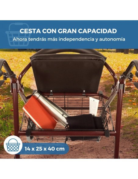 Andador de aluminio plegable y regulable con asiento, respaldo y cesta | Prado GRANATE | Diferentes colores