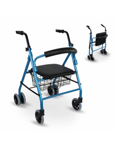 Andador de aluminio plegable y regulable con asiento, respaldo y cesta | Prado GRANATE | Diferentes colores