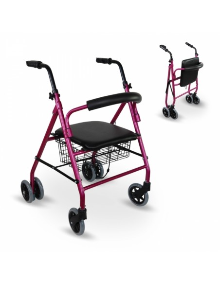 Andador de aluminio plegable y regulable con asiento, respaldo y cesta | Prado GRANATE | Diferentes colores