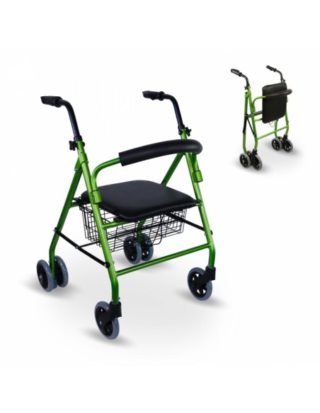 Andador de aluminio plegable y regulable con asiento, respaldo y cesta | Prado GRANATE | Diferentes colores