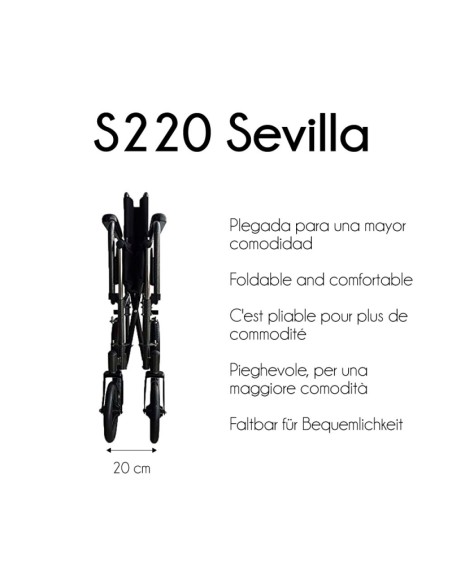 Silla de ruedas plegable de acero | Autopropulsable | Ruedas traseras extraíbles | Modelo S220 Sevilla